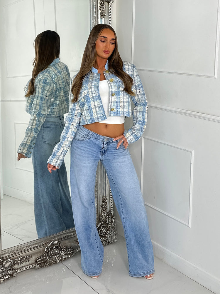 Tweed Gold Button Detail Cropped Bomber Jacket - Blue Sequin