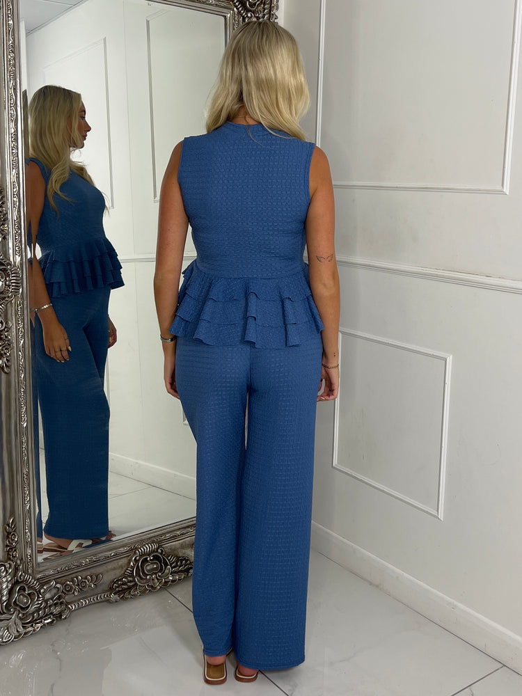Cheesecloth High Neck Ruffle Bottom Top & Matching Flares Co-ord - Denim Blue