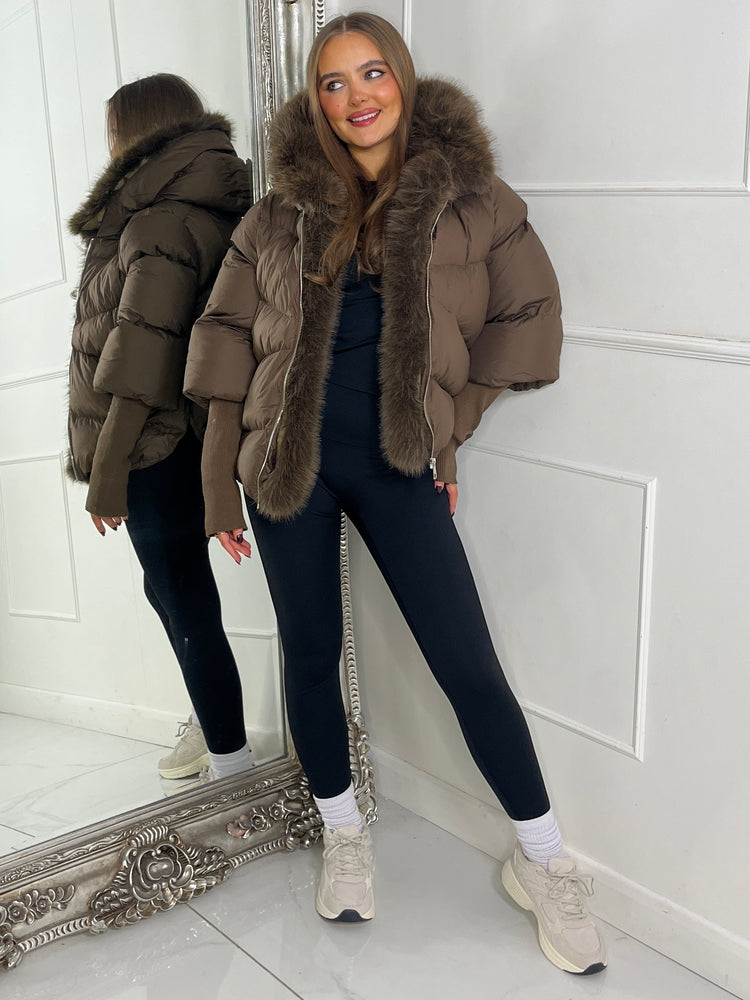 Hooded Puffer Coat With Faux Fur Trim - Brown