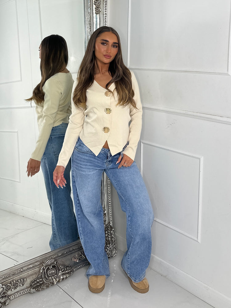 V Neck Sea Shell Detail Long Sleeve Jumper - Cream