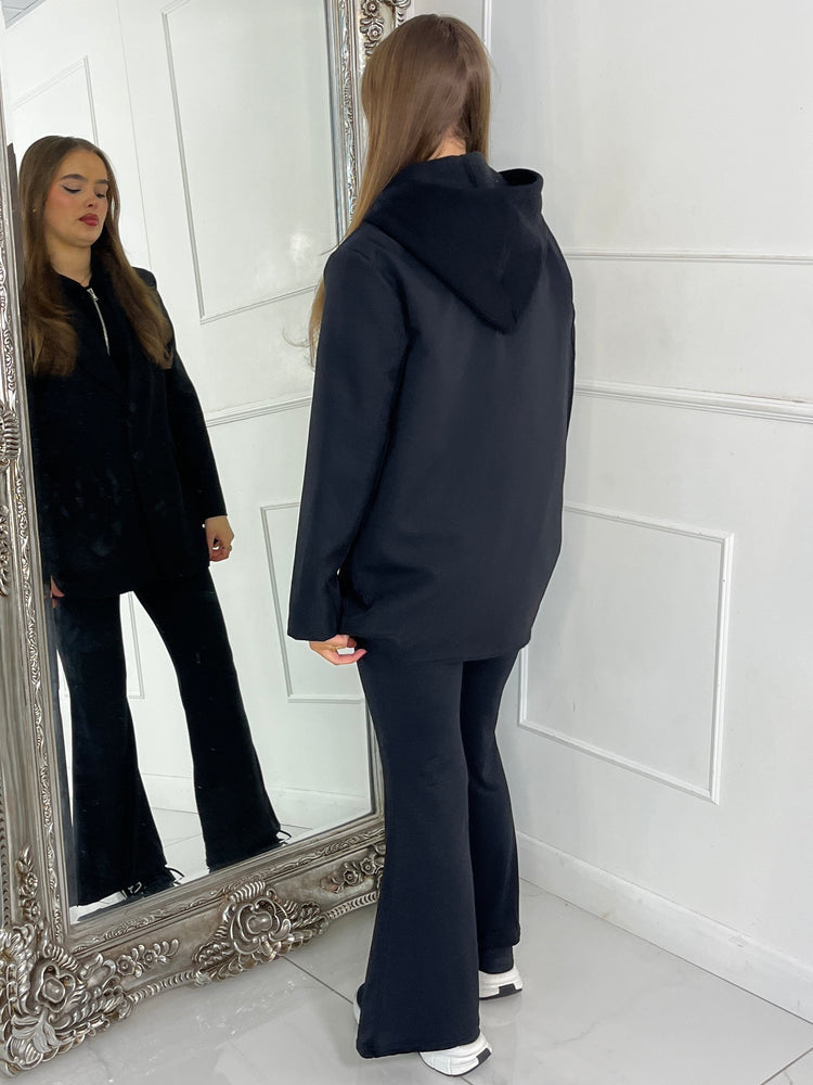 Oversized Blazer With Black Attached Hood - Black