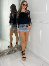 Short Sleeve Crochet Top With Sheer Vest Underlay - Black