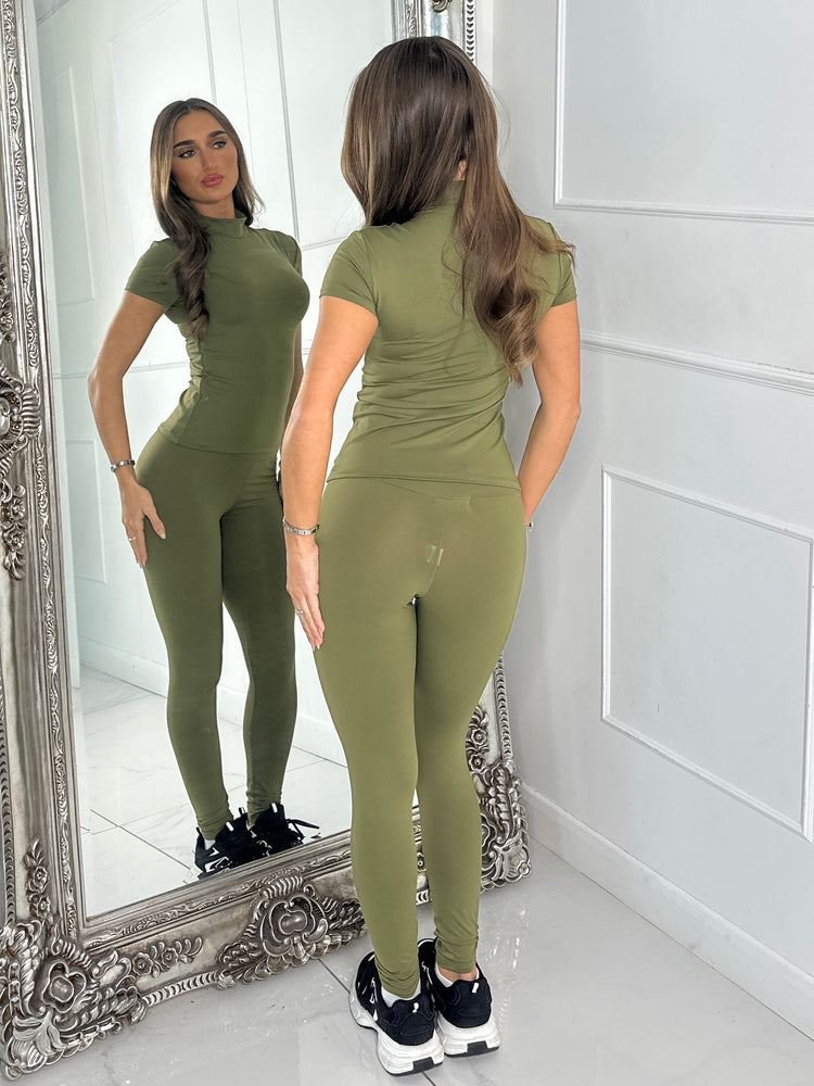 High Neck Second Skin Top & Sculpt Panel Leggings - Khaki Green