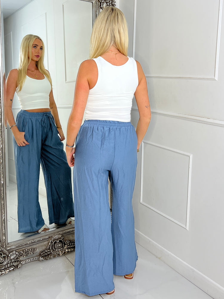 Wide Leg Linen Pants - Denim Blue