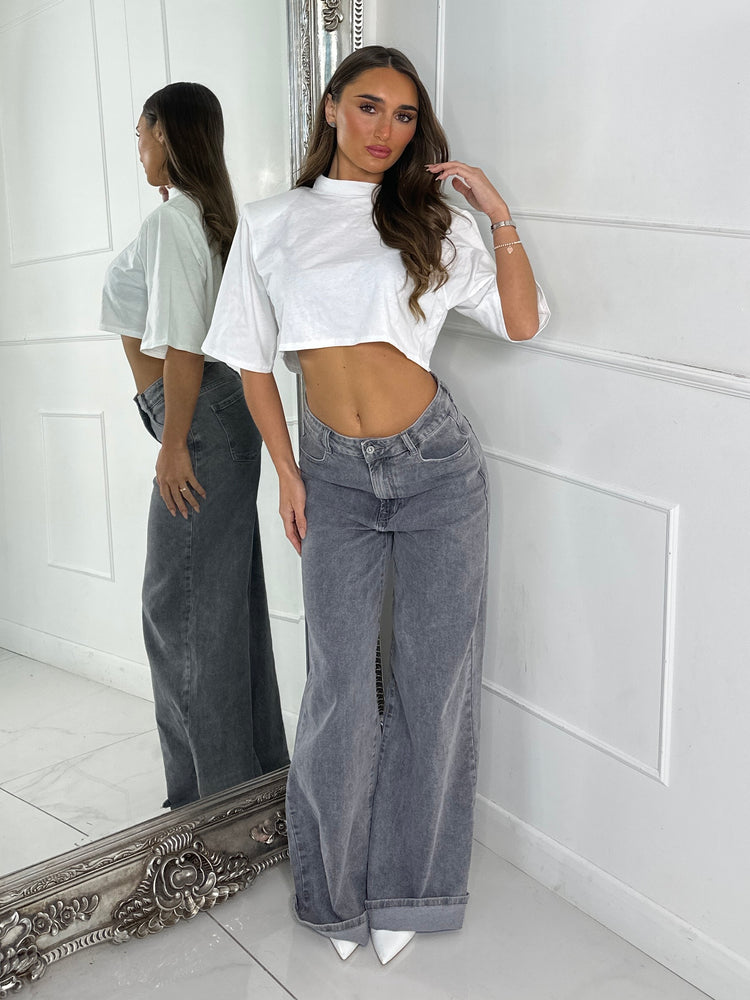 Cotton Padded Shoulder Oversized Cropped Tee - White