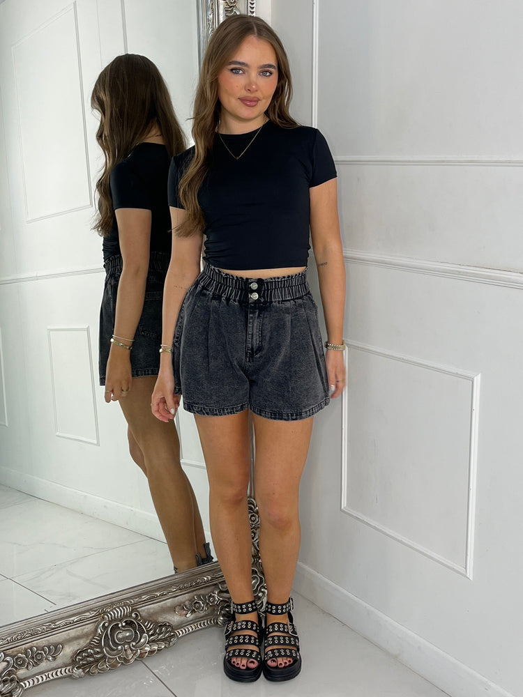 Elasticated Denim Shorts - Black