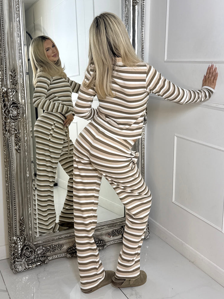 Collar Detail Striped Long Sleeve Top & Wide Leg Pants Co-Ord - Beige Multi