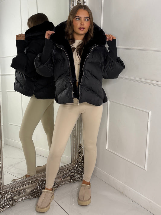 Hooded Puffer Coat With Faux Fur Trim - Black