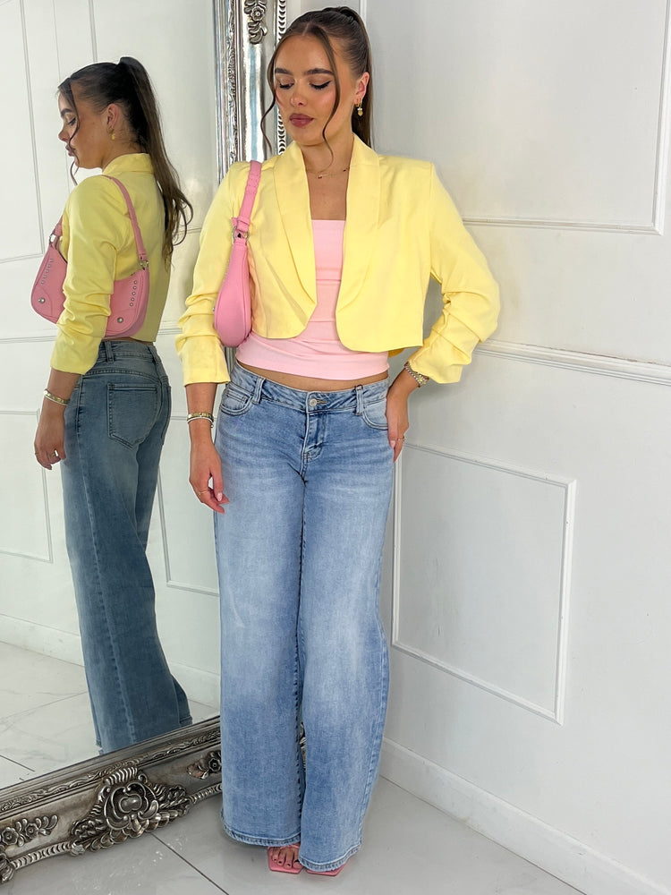 Cropped Ruched Sleeve Blazer - Yellow