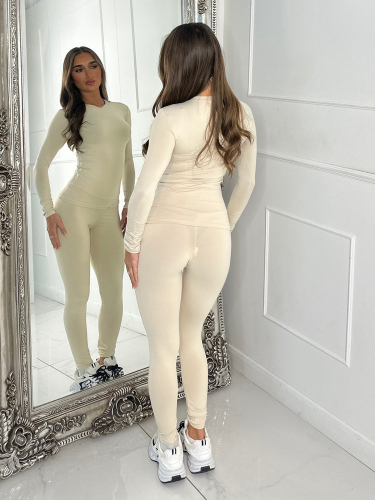 Round Neck Long Sleeve Second Skin Top & Sculpt Panel Leggings - Light Beige