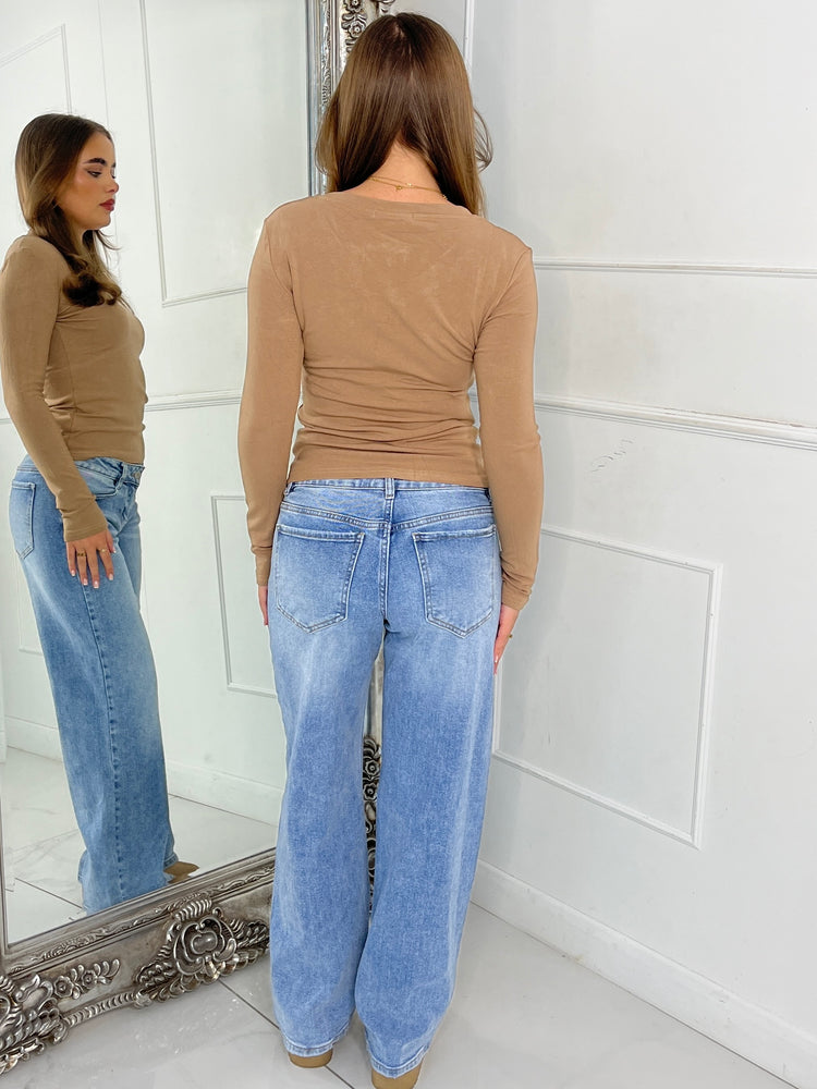 V Neck Long Sleeve Soft Touch Top - Tan