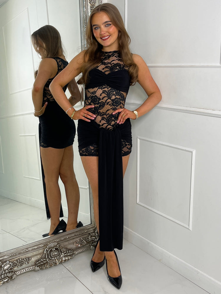 Sleeveless Lace Underlayer Detail Drape Dress - Black