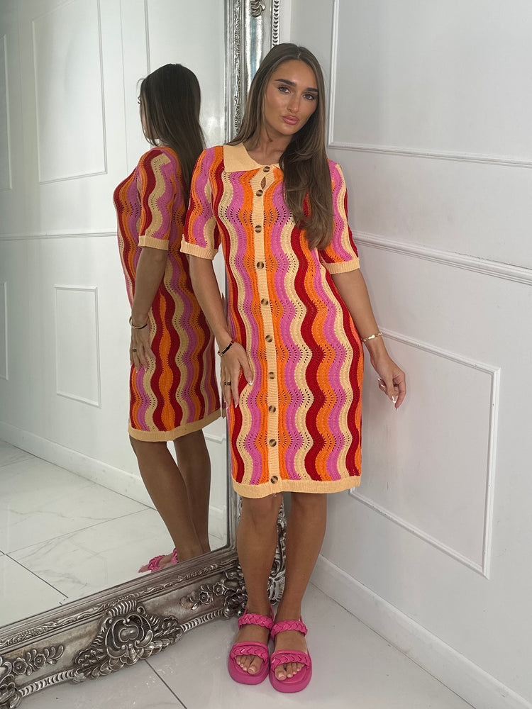 Multi Coloured Collar Detail Crochet Dress - Orange/Pink/Red