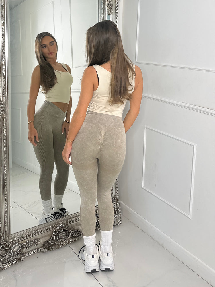 Crossover Ribbed Detail Scrunch Bum Leggings - Acid Wash Beige