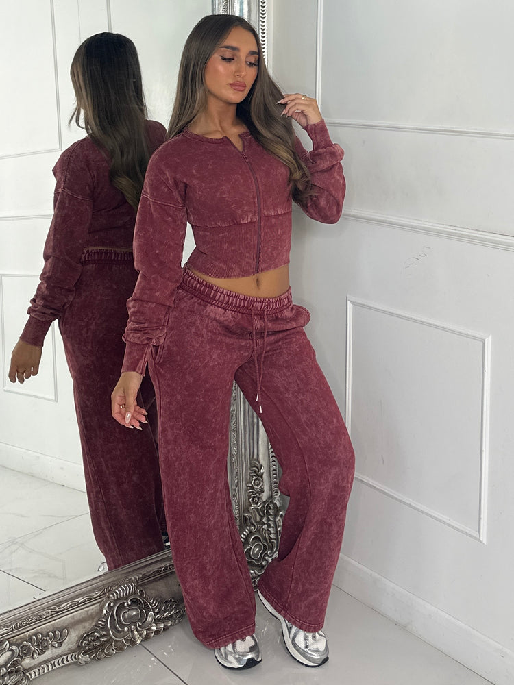 Cropped Zip Up Acid Wash Tracksuit - Wine