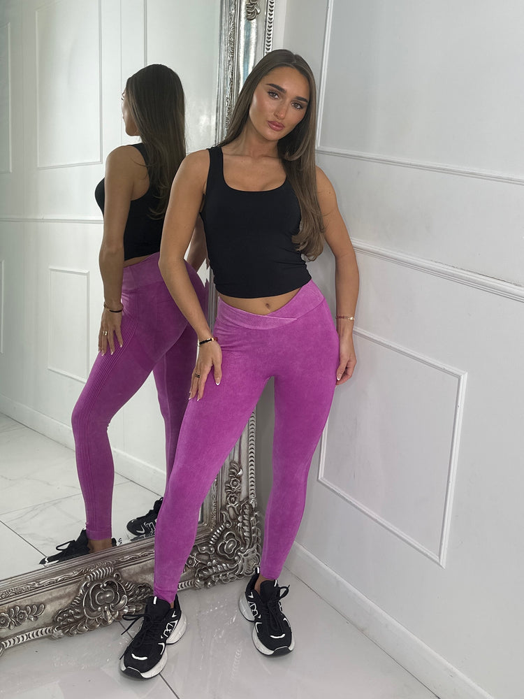 Crossover Ribbed Detail Scrunch Bum Leggings - Acid Wash Dark Pink