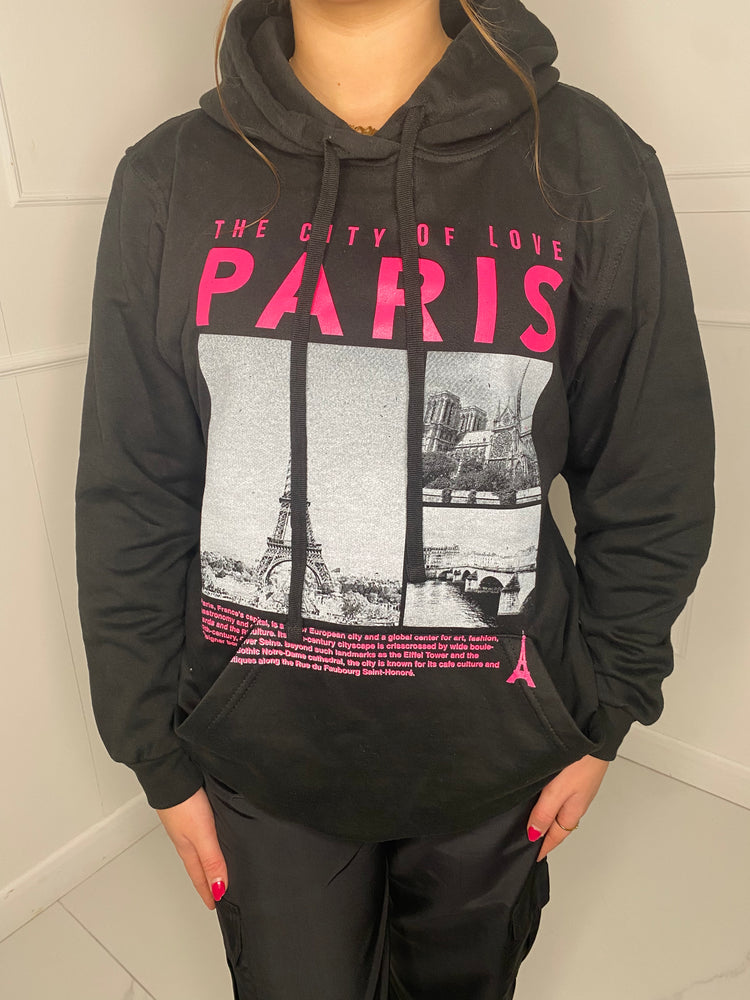 Paris Print Hoodie - Black