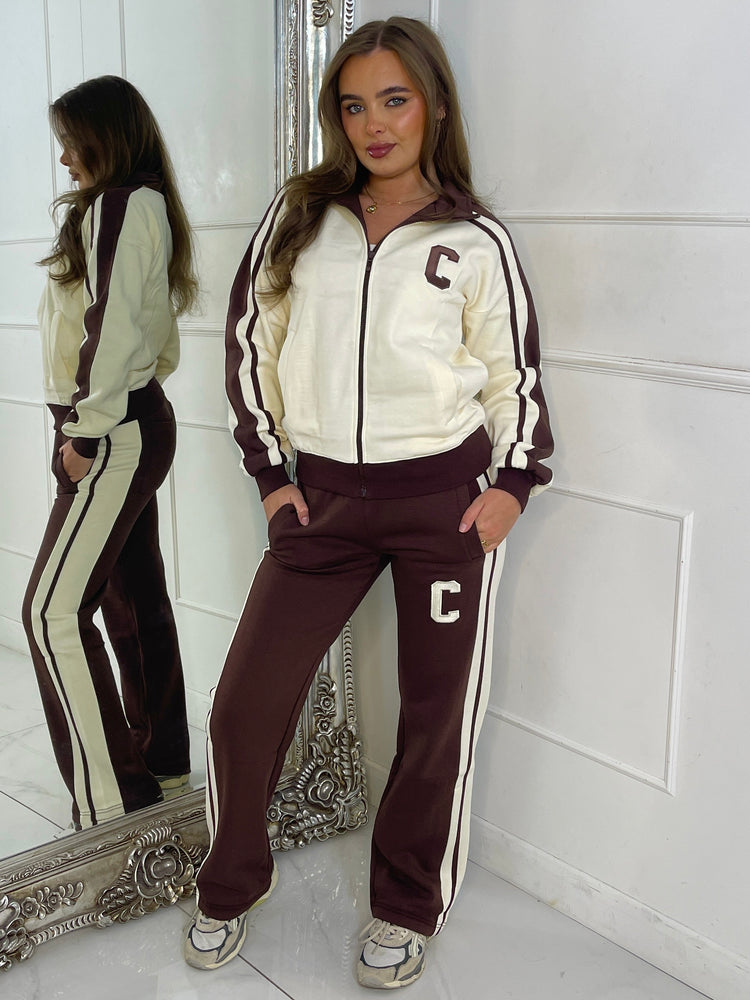 Colour Block Contrast “C” Embroidery Tracksuit - Chocolate/Cream