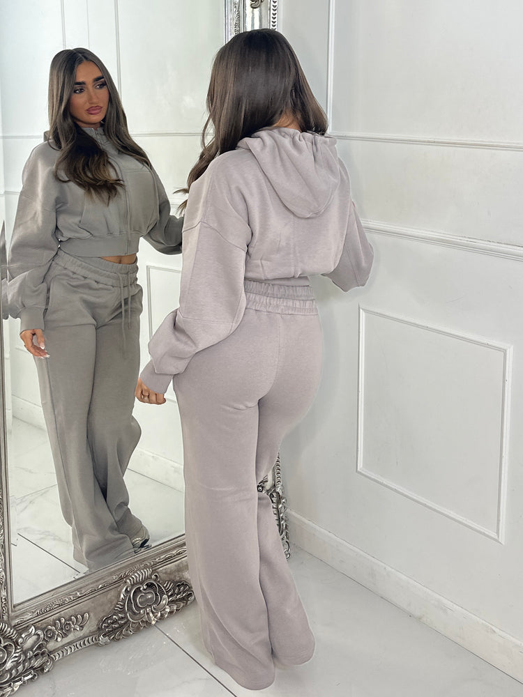 Hooded Zip Up & Double Waist Band Wide Leg Joggers Tracksuit - Dove Grey