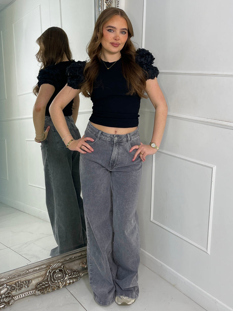 Mesh Ruffle Shoulder Tee -Black Ribbed