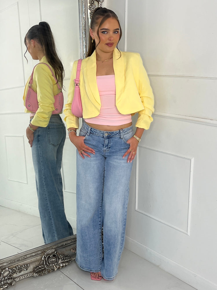 Cropped Ruched Sleeve Blazer - Yellow