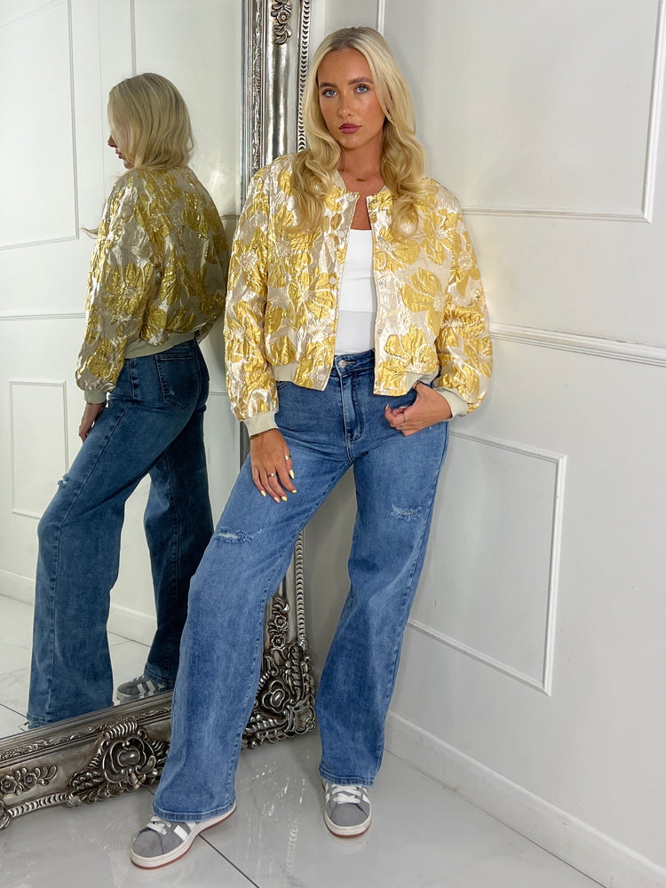 3D Floral Bomber Jacket - Yellow/ Gold