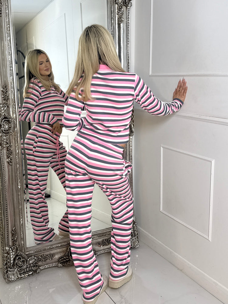 Collar Detail Striped Long Sleeve Top & Wide Leg Pants Co-Ord - Baby Pink Multi