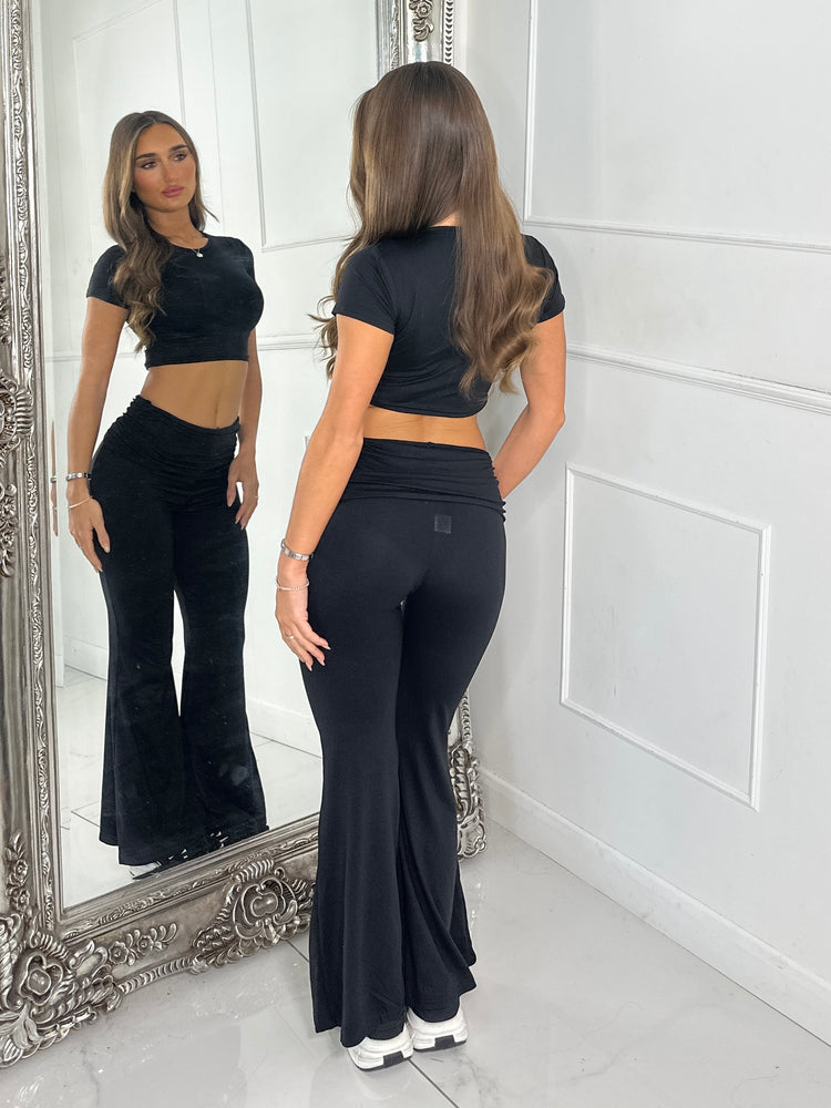 Crop Tee & Fold Over Flares Loungesuit - Black