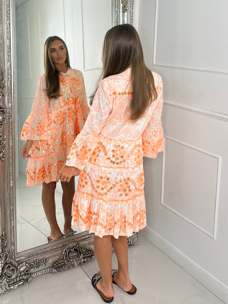 Boho Neon Embellished Dress - Orange