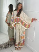 Multi Rainbow Stripe Detail Crochet Lace Button Top & Flares Co-Ord - Beige Multi