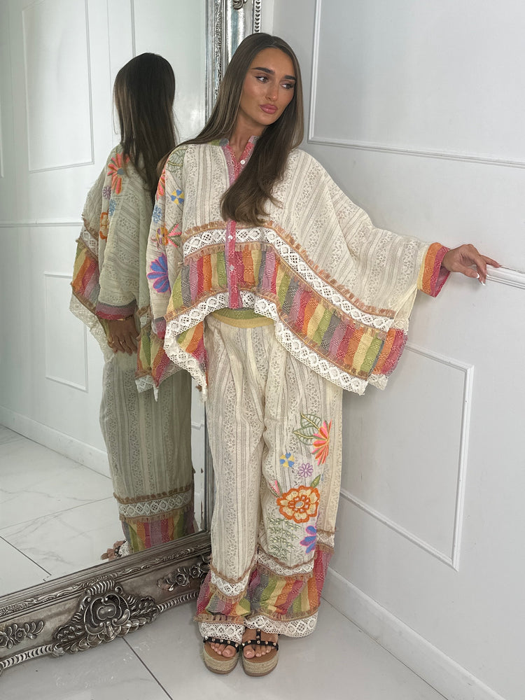 Multi Rainbow Stripe Detail Crochet Lace Button Top & Flares Co-Ord - Beige Multi