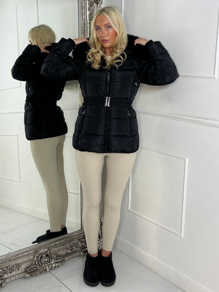 Padded Belted Coat With Faux Fur Hood - Black
