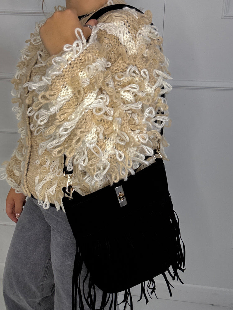 Small Suede Full Tassel Gold Lock Detail Shoulder Bag - Black