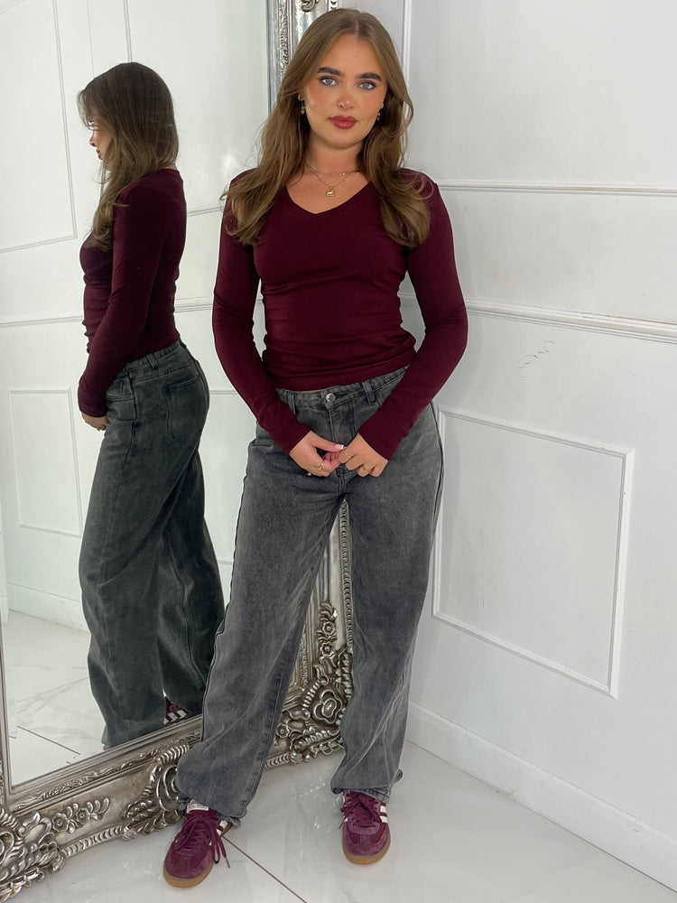 V Neck Long Sleeve Soft Touch Top - Wine