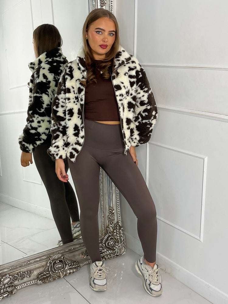 Smudge Print Zip Up Fleece Teddy Jacket - Brown/White