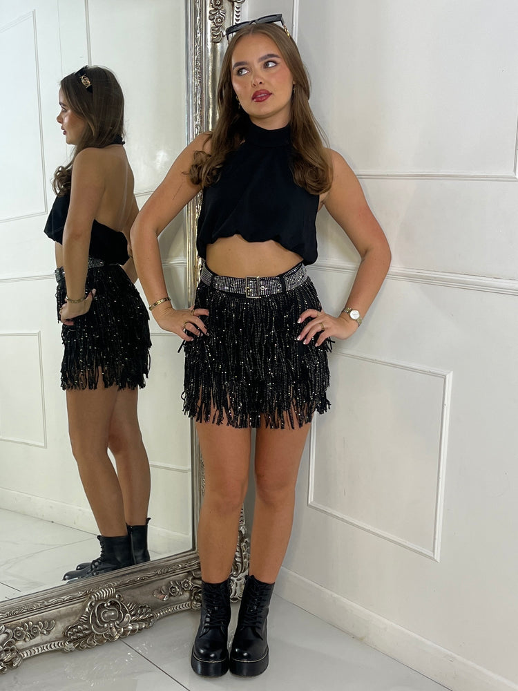 Embellished Diamante Belt Detail Suedette Tasstle Skort - Black