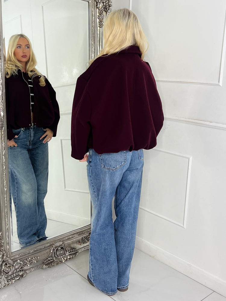Collared Oversized Bomber Jacket - Wine