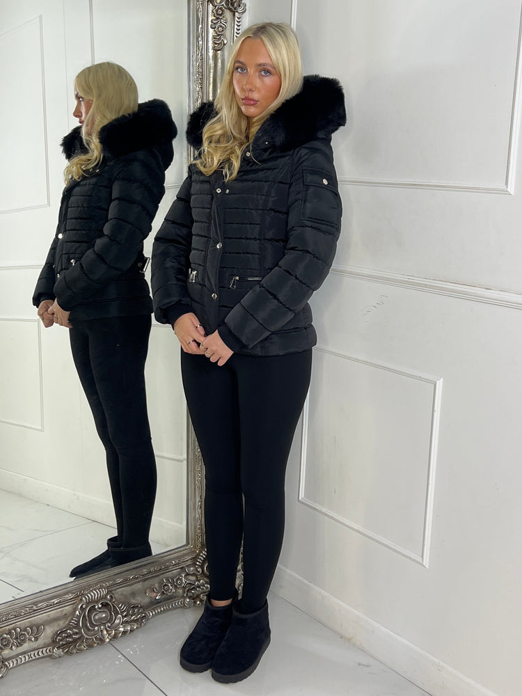 Padded Pocket Detail Faux Fur Hooded Jacket - Black