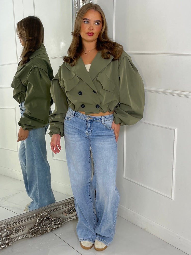 Crop Balloon Sleeve Trench Jacket - Khaki Green