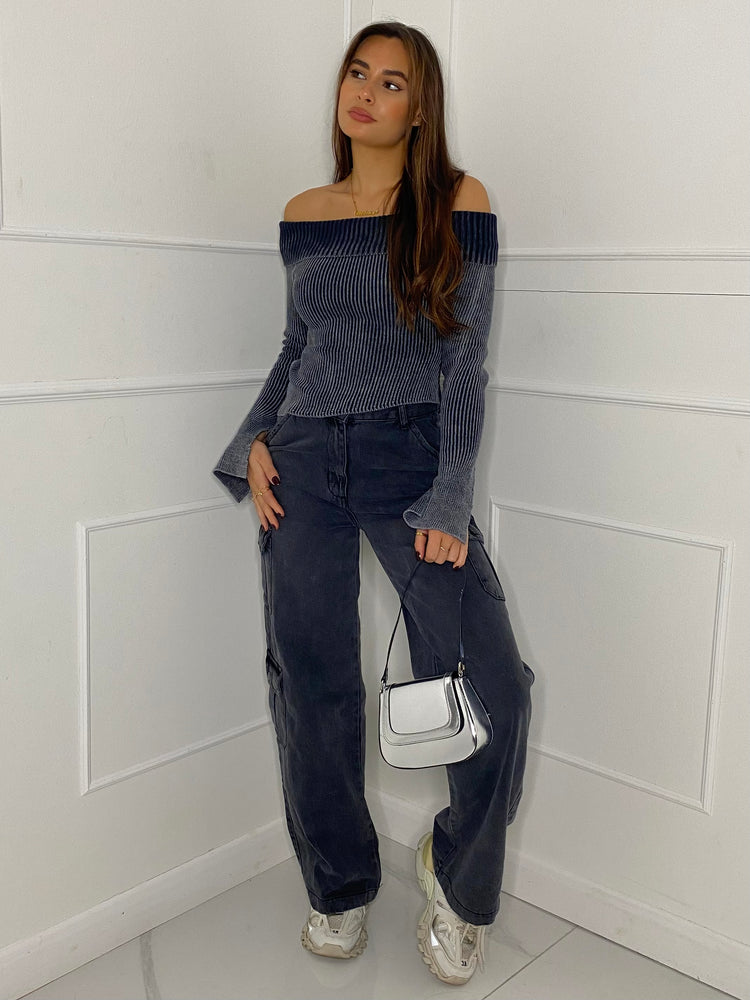 Thick Knit Fold Over Asymmetric Top - Grey