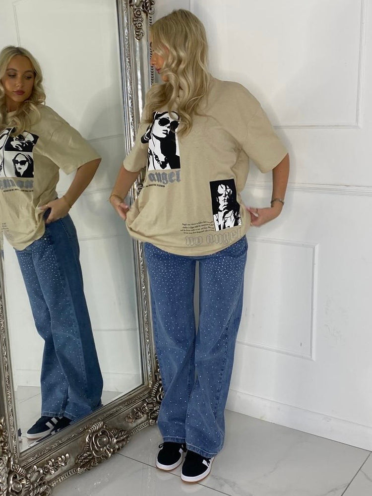 Ribbed Collar Oversized T-Shirt - Beige No Angel Print