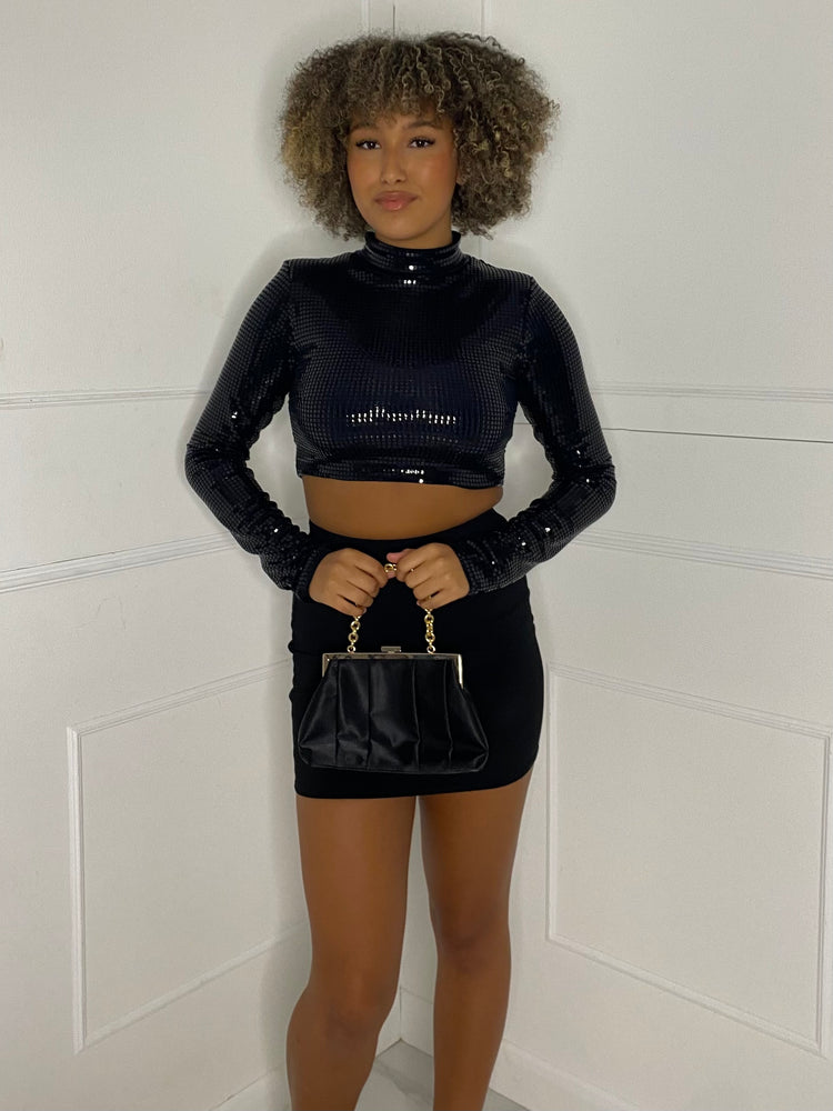Square Sequin Long Sleeve Top - Black