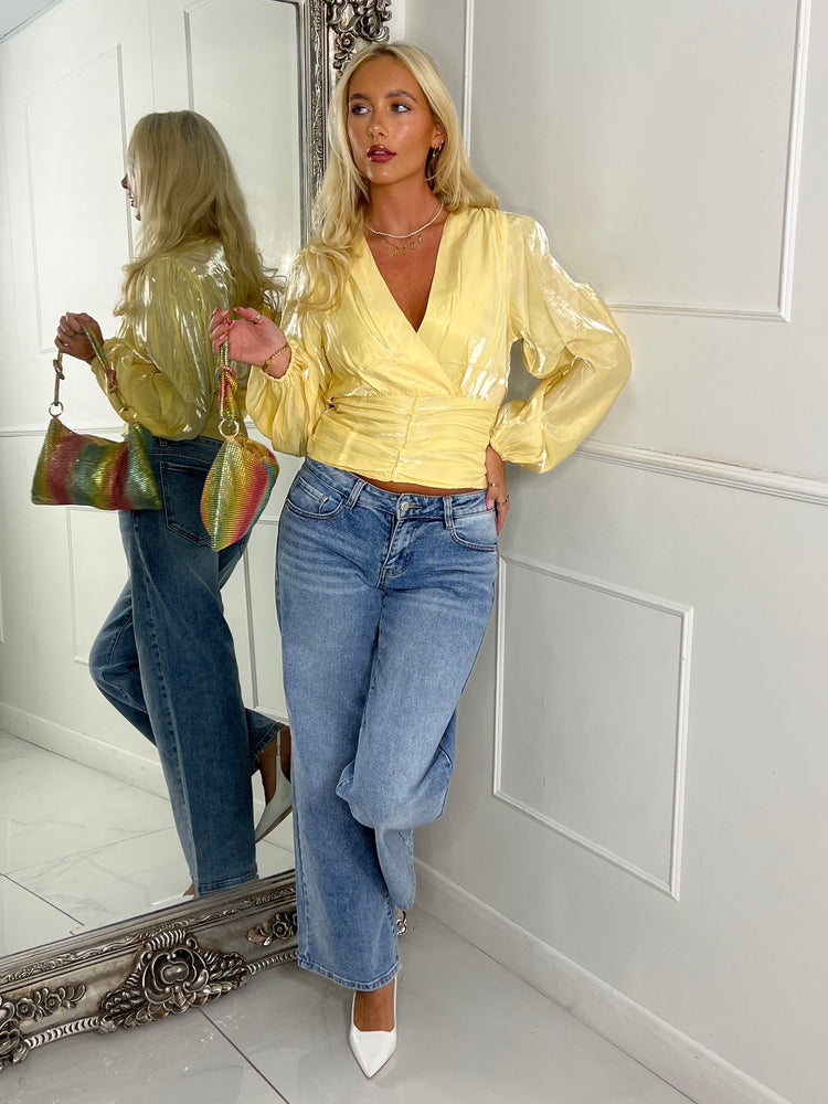 Long Puff Sleeve VNeck Shimmer Blouse - Yellow