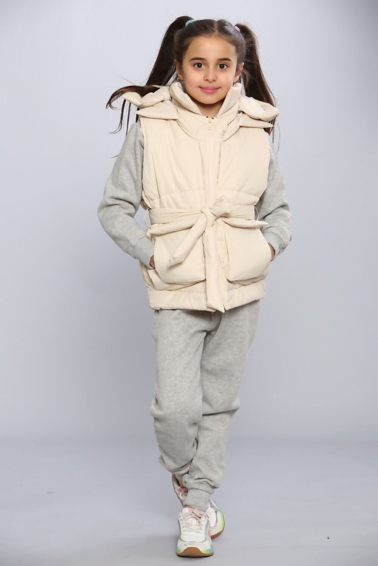 Kids Pocket Tie Front Gilet - Beige
