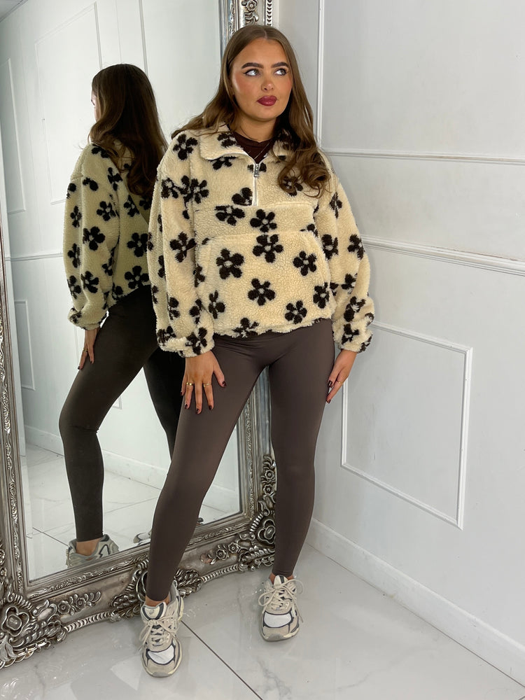 Flower Printed Half Zip Fleece - Beige/Brown