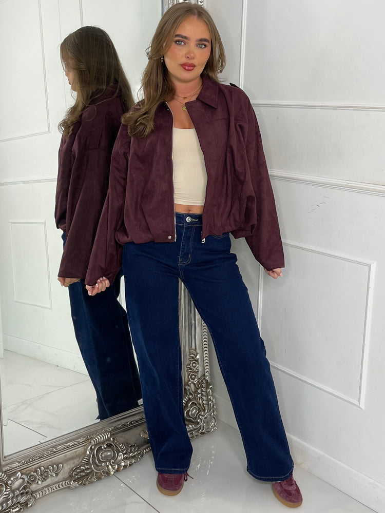 Suede Collared Oversized Bomber Jacket - Wine