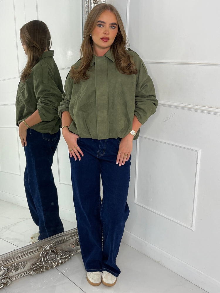 Suede Collared Oversized Bomber Jacket - Khaki