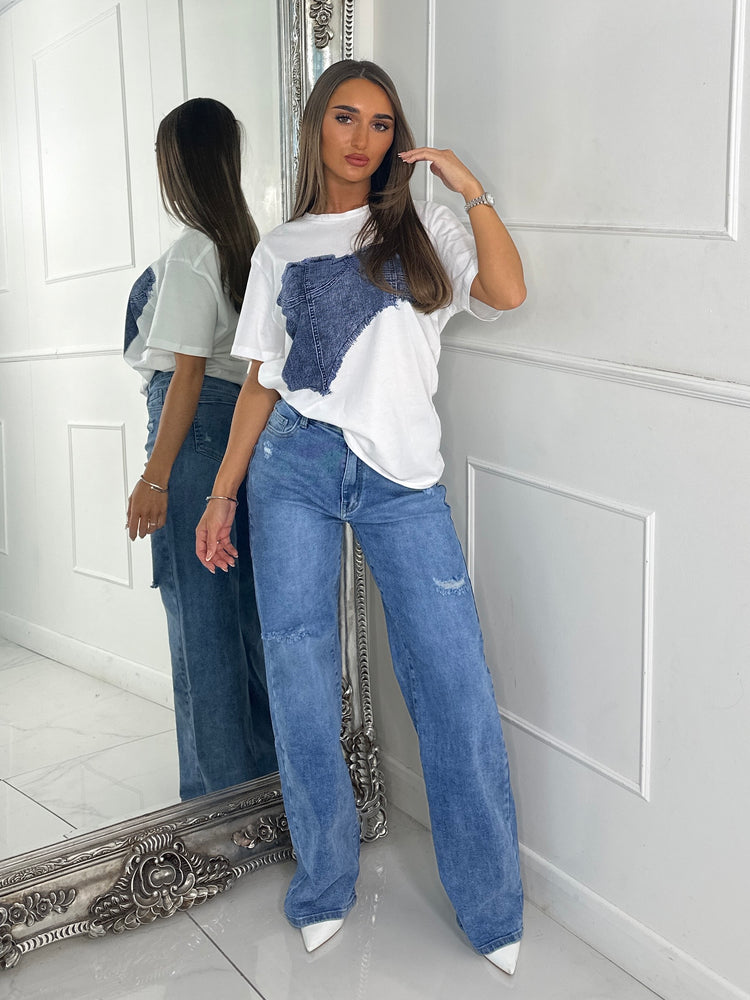 Blue Denim Print Oversized T-shirt - White