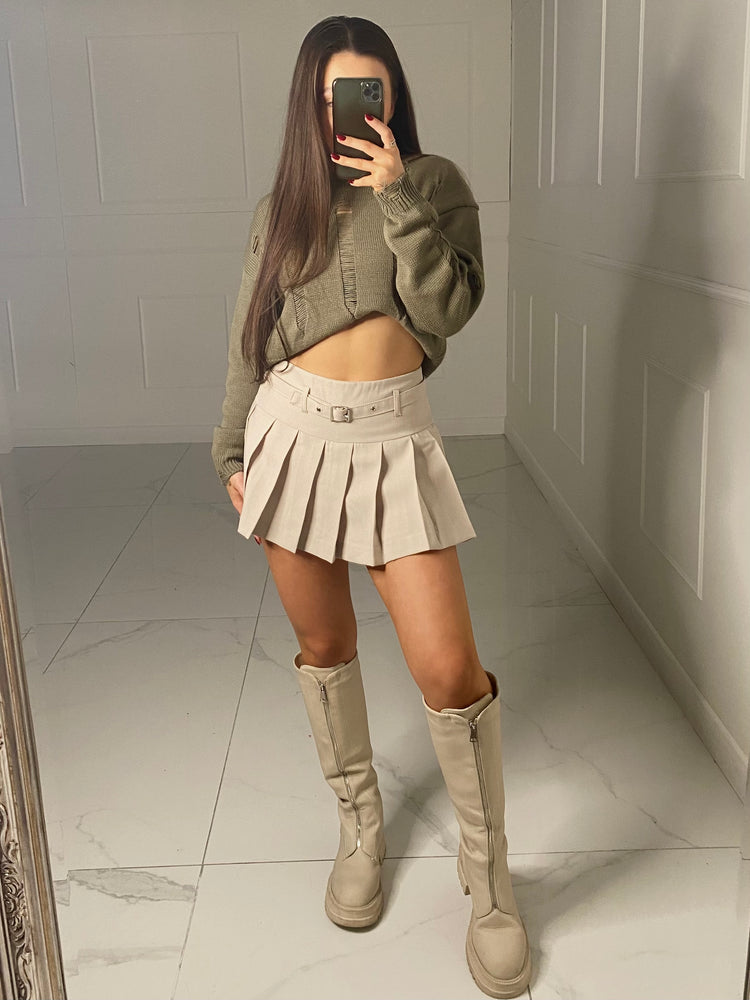 Pleated Detail Skort - Beige plain