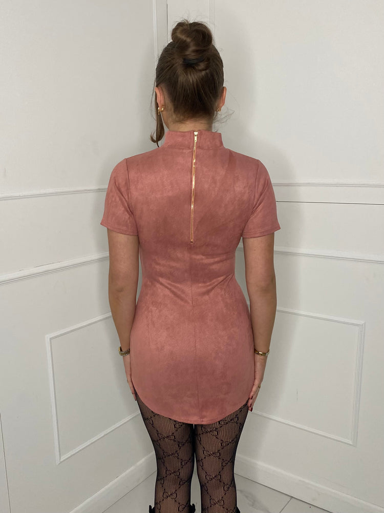 Suede High Neck Dress - Dusty Pink